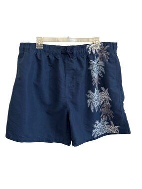 Marina West Mens XL Blue Swim Trunks With White Palm Tree Print Drawstring Waist